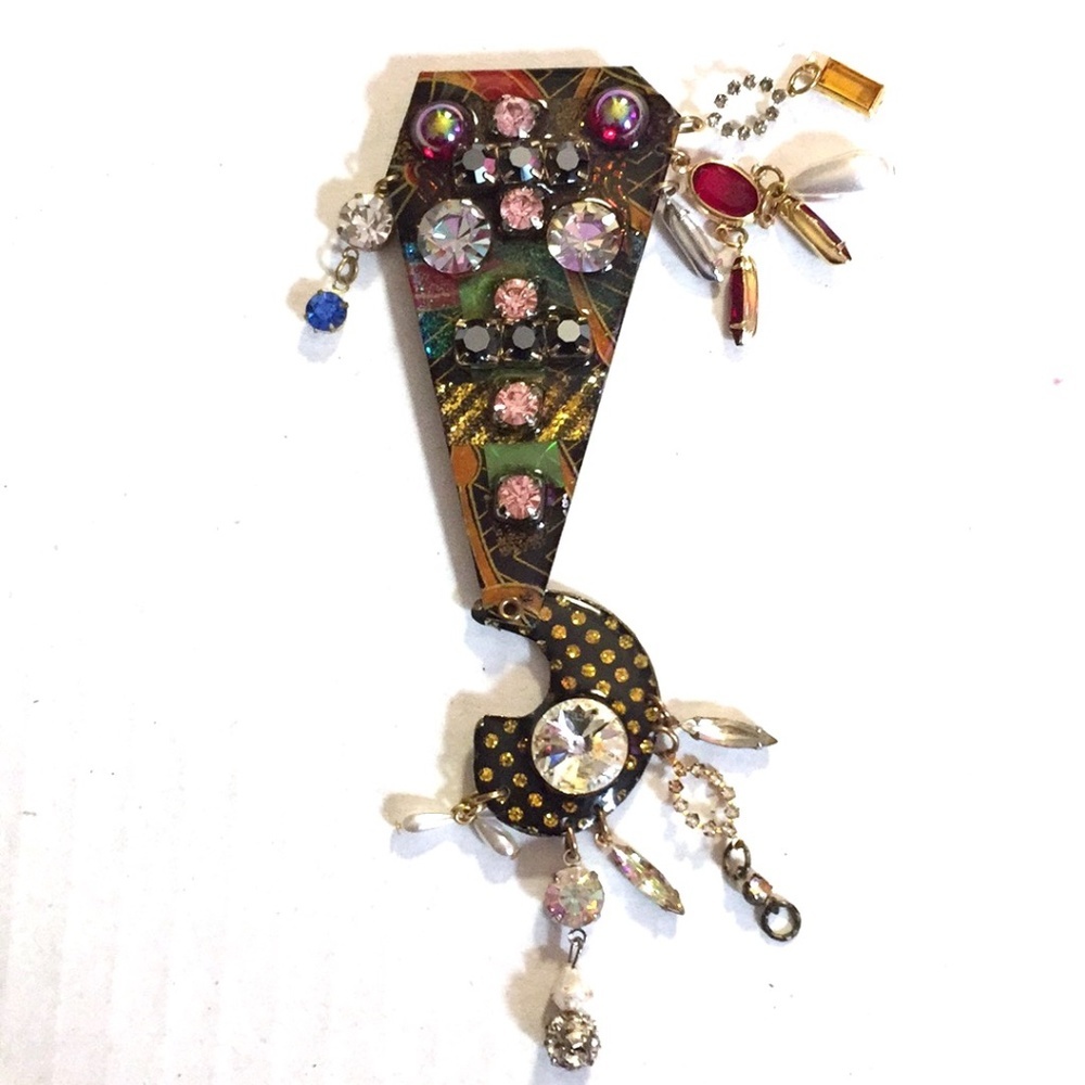 Vintage 80s Long Brooch Mod Gems Pearl Enamel BoHo​
